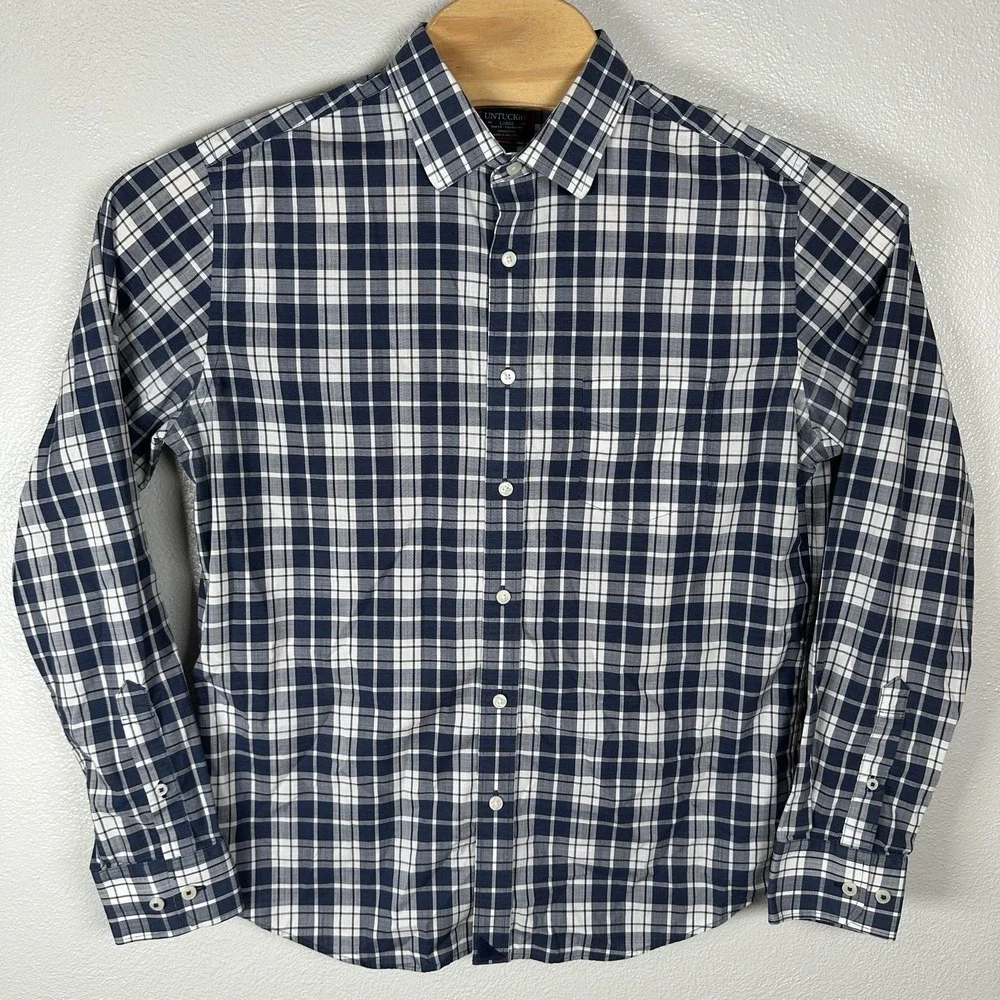 UNTUCKit Shirt Mens Sz Large Blue Plaid Rooney Slim Fit Wrinkle Free Button Down